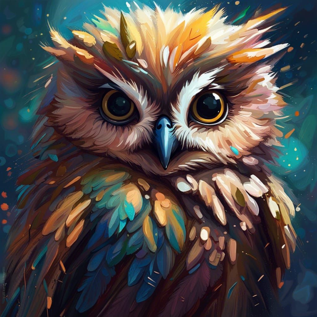 Surreal Fluffy Fantasy Owl in Impasto Oil Painting Style