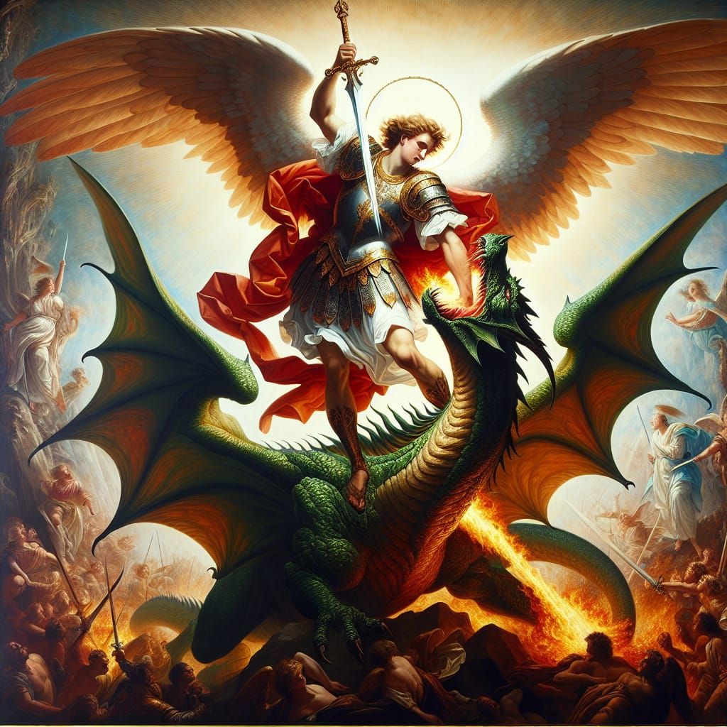 Archangel Michael Battles a Fiery Green Dragon in Medieval O...