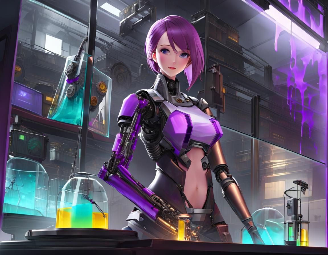 Cyberpunk Female Scientist with Violet Liquid Container