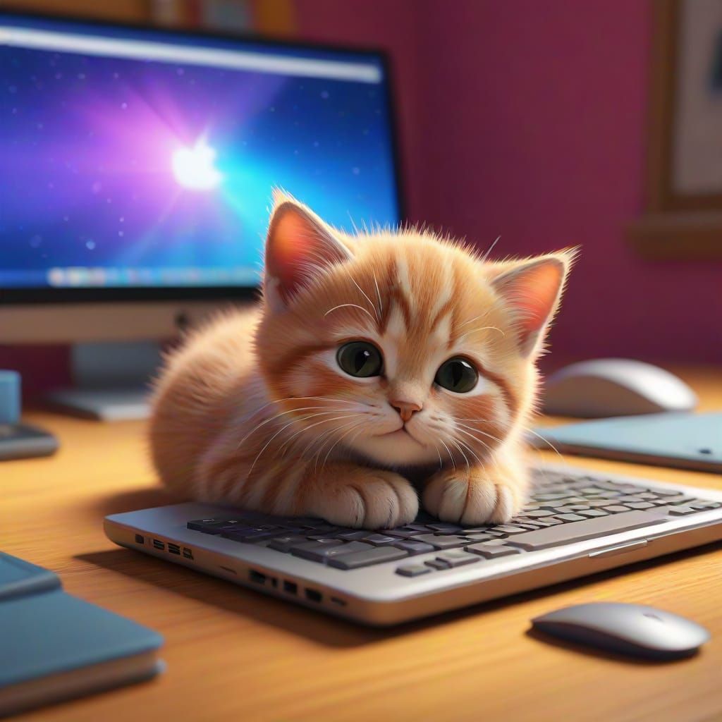 Cute Kitten Sleeps on Laptop Keyboard in Pixar Style