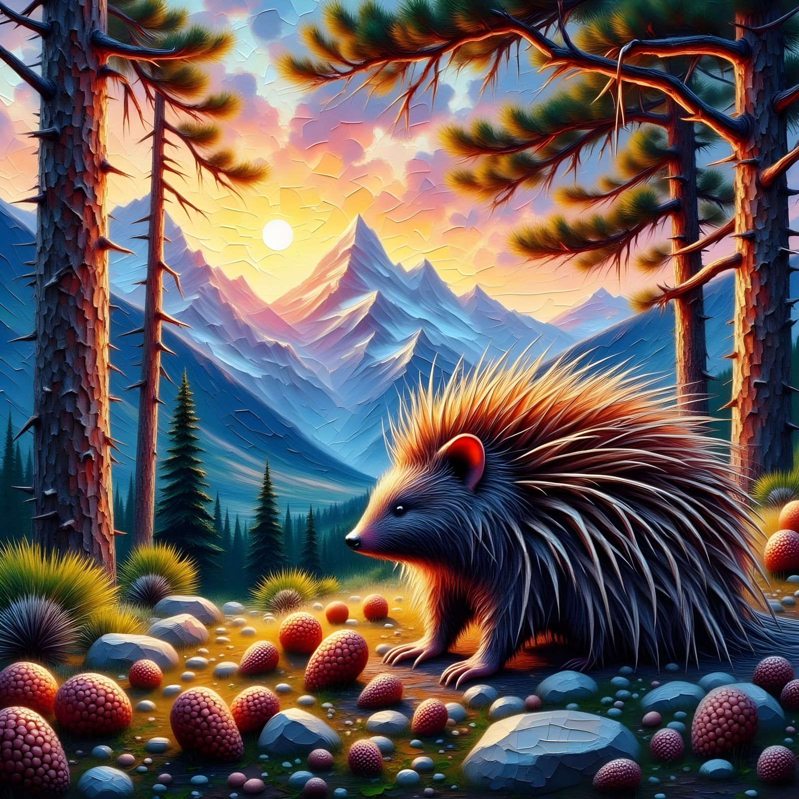 Surreal Impasto Porcupine Amidst Pinecones in Sunset Glow