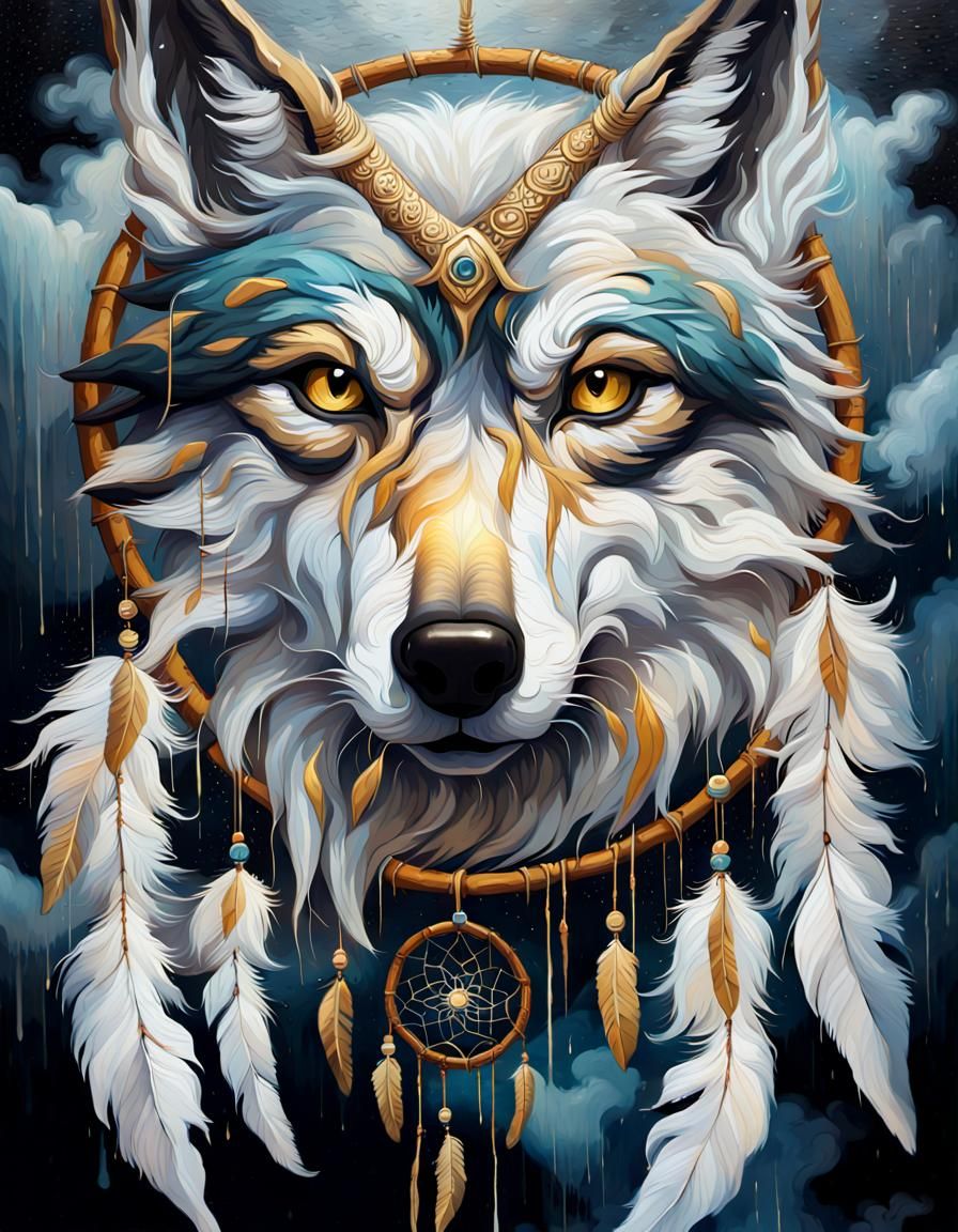 Mystical Ghost Wolf Under Dreamcatcher at Beach in Moonlit O...