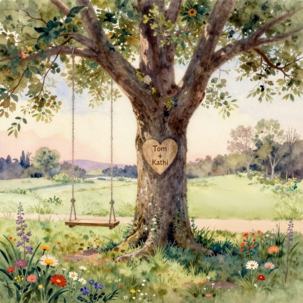 Couple Carved Heart on Tree with Wildflowers and Swing
