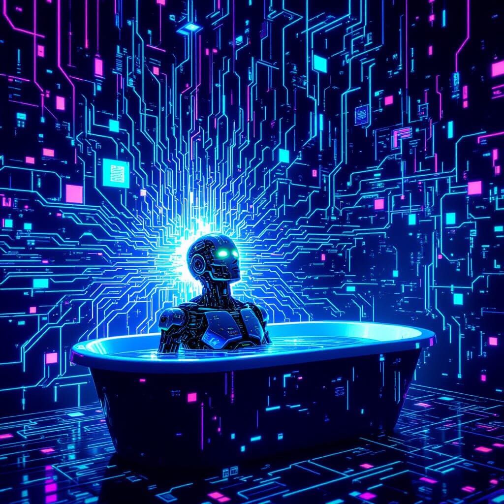 Surreal Glitch Art: Robotic Figure Emerges from Bathtub