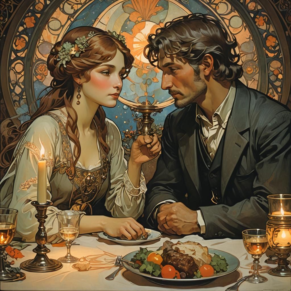 Romatic Dinner Scene in Art Nouveau Style