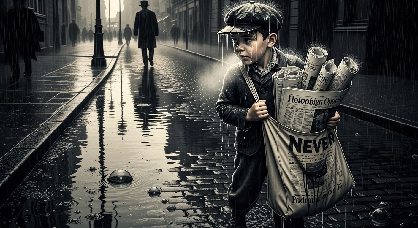 Surreal Newspaper Boy in Monochrome Rainstorm