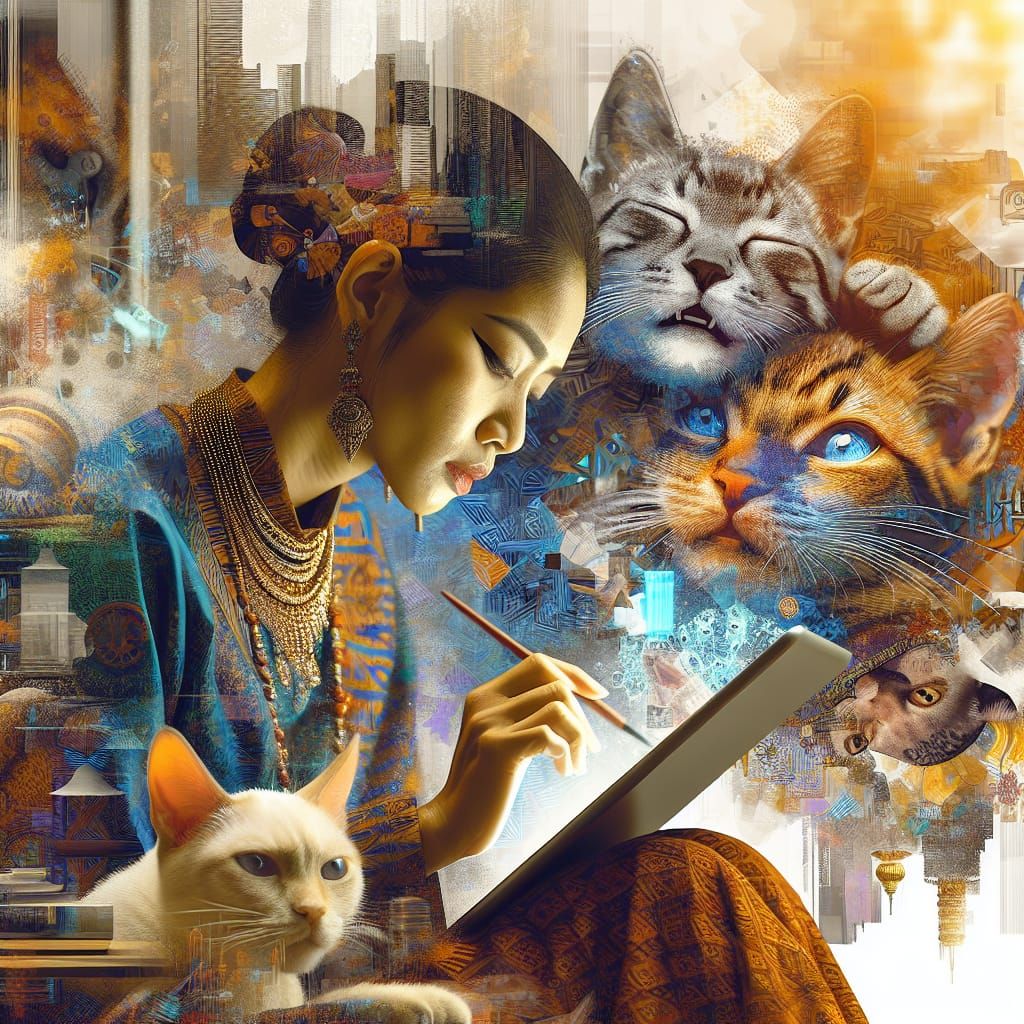 Bored AI Creator Surrounded by Playful Cats in Maximalist St...