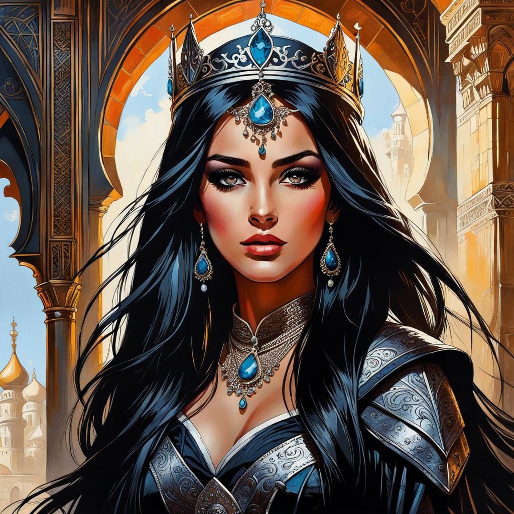Ethereal Arabian Princess in Dark Fantasy Oil Painting