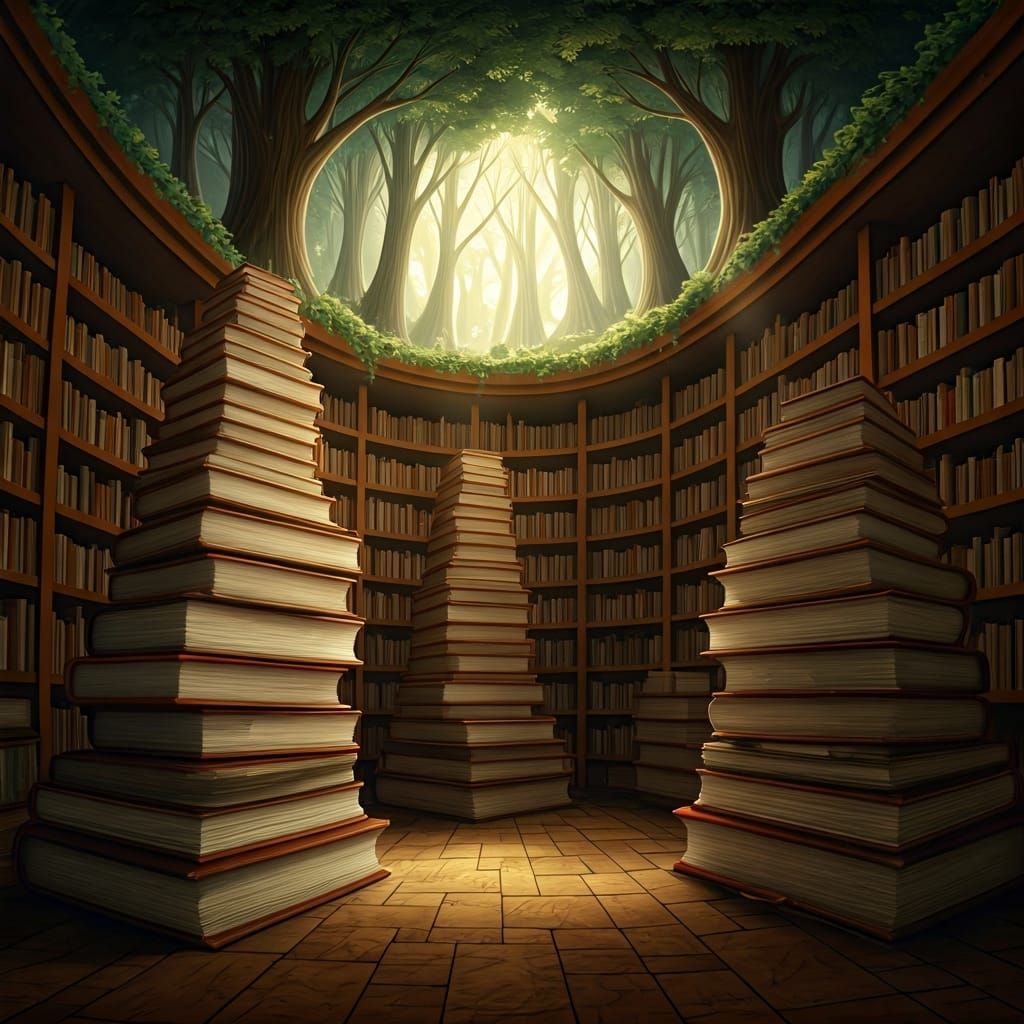Whimsical Book Library in Grove, Storybook Illustration