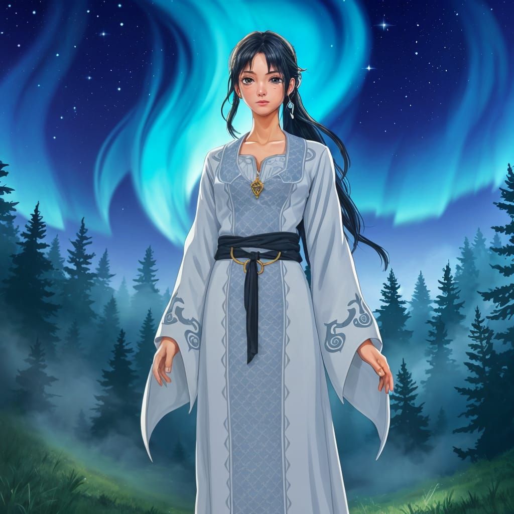 Young Priestess in Forest Aurora
