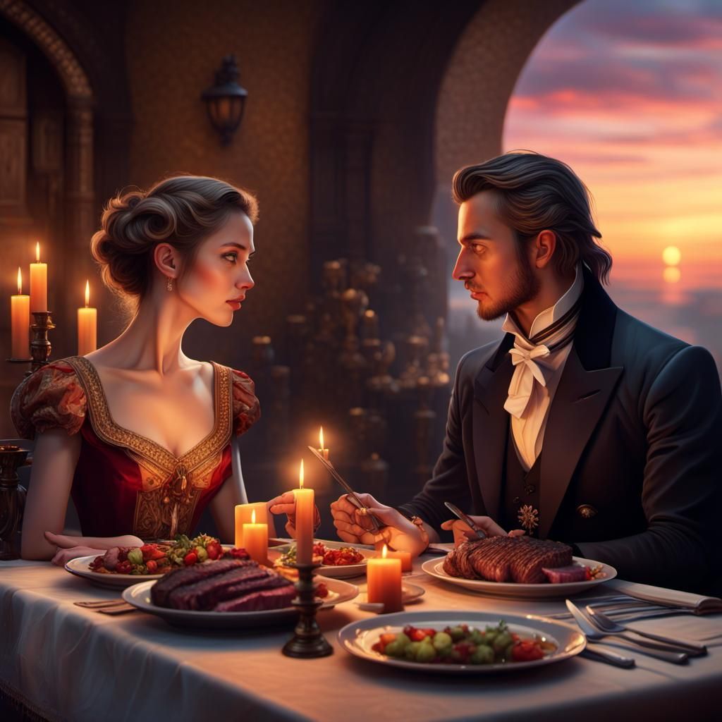 Epic Romantic Dinner Scene in a Grand, Atmospheric Setting
