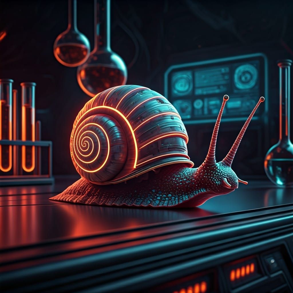 Futuristic Snail with Neon Shell on High-Tech Lab Table