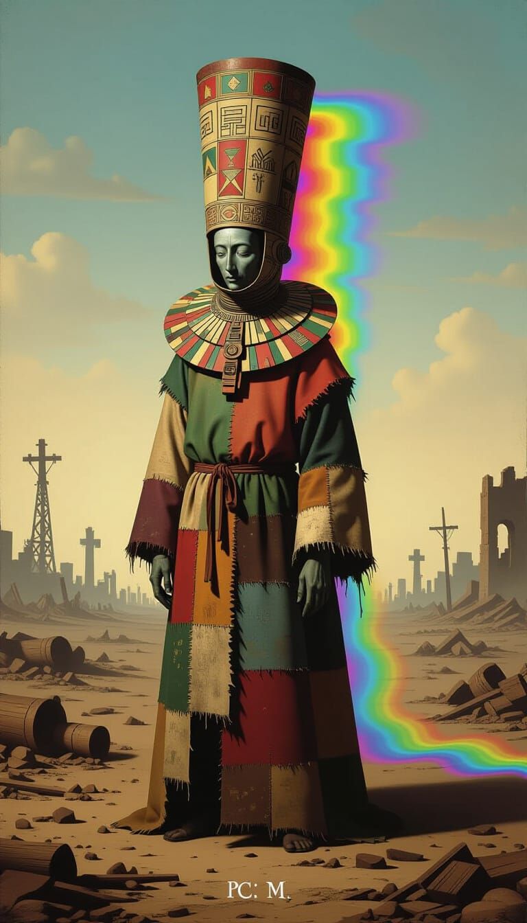 Bosch-Inspired Figure in War-Torn Landscape