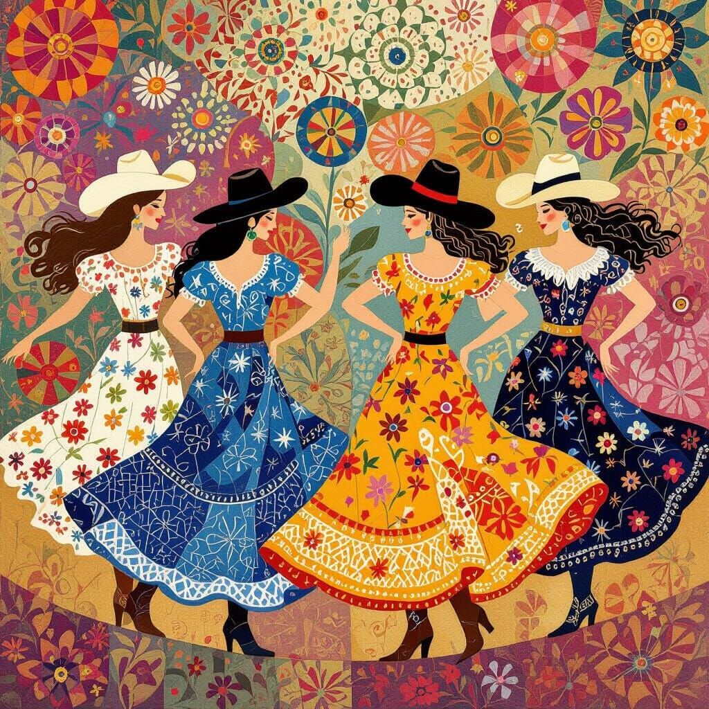 Cowgirls Dancing in Abstract Geometric Style