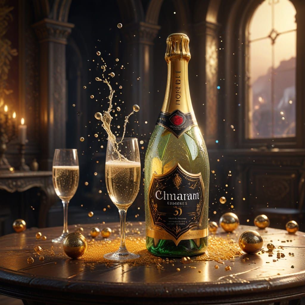 Grand Champagne Bottle with Golden Leaf Details