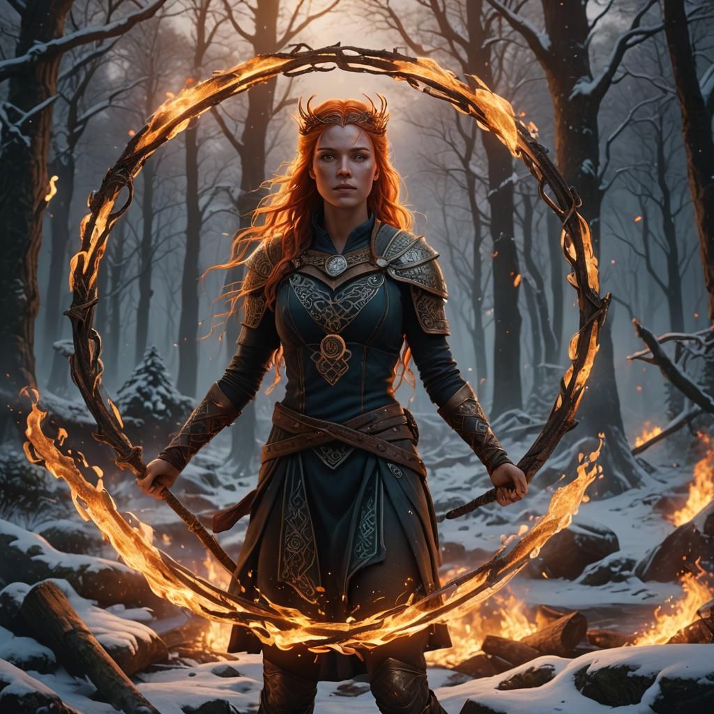 Ethereal Celtic Maiden Surrounded by Fiery Snowforest