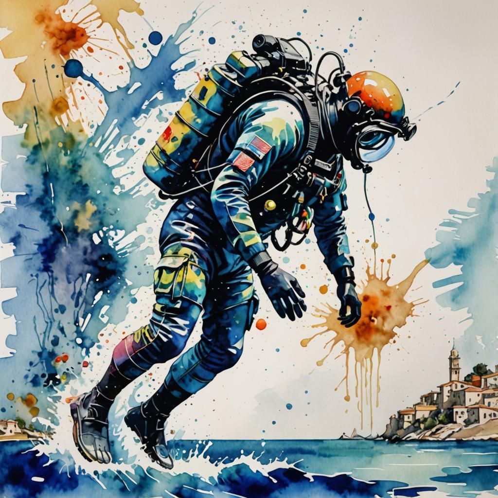 Watercolor 
Diver praiparing to  dive in the Mediterranean Sea