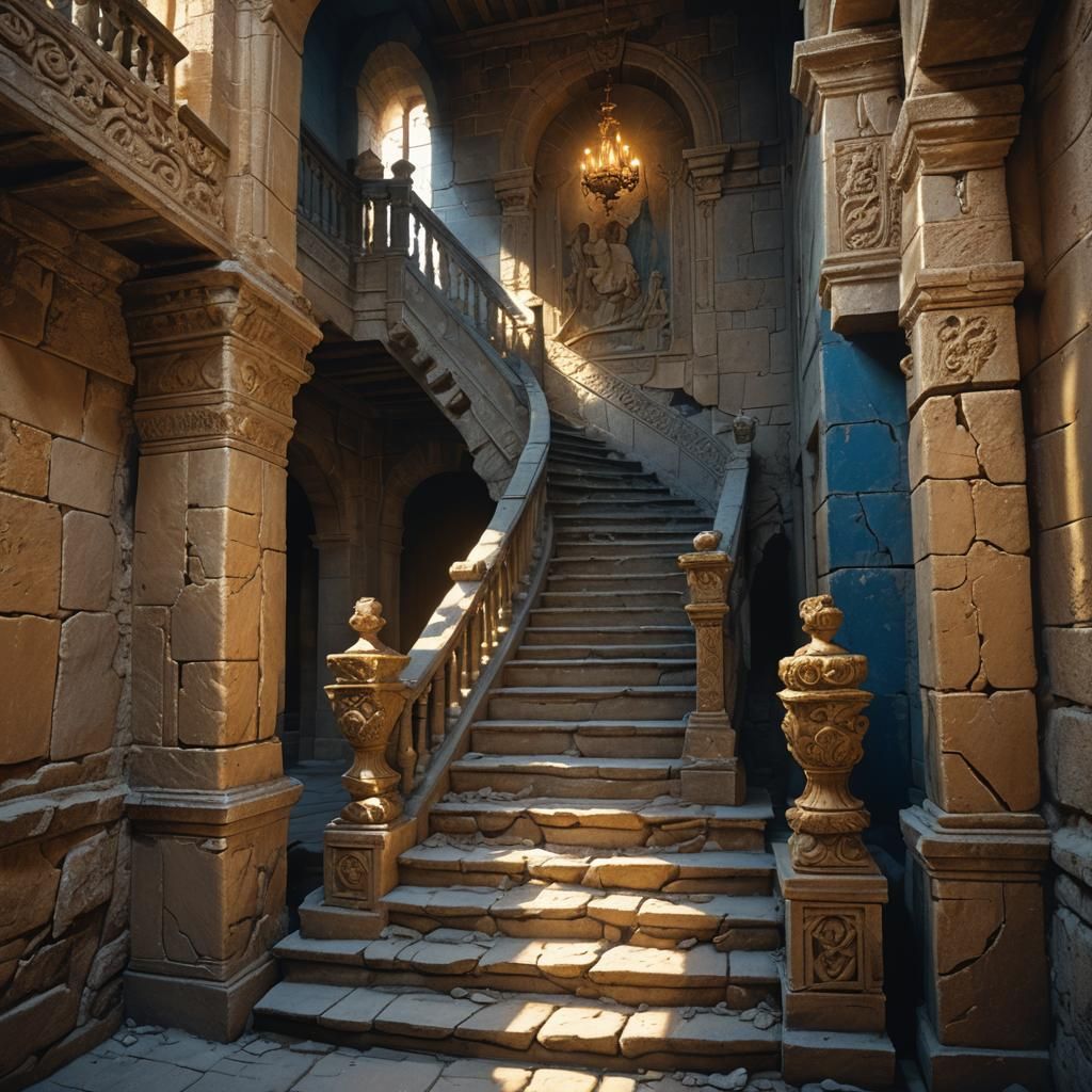 Hyper-Realistic Castle Staircase in Warm Golden Light