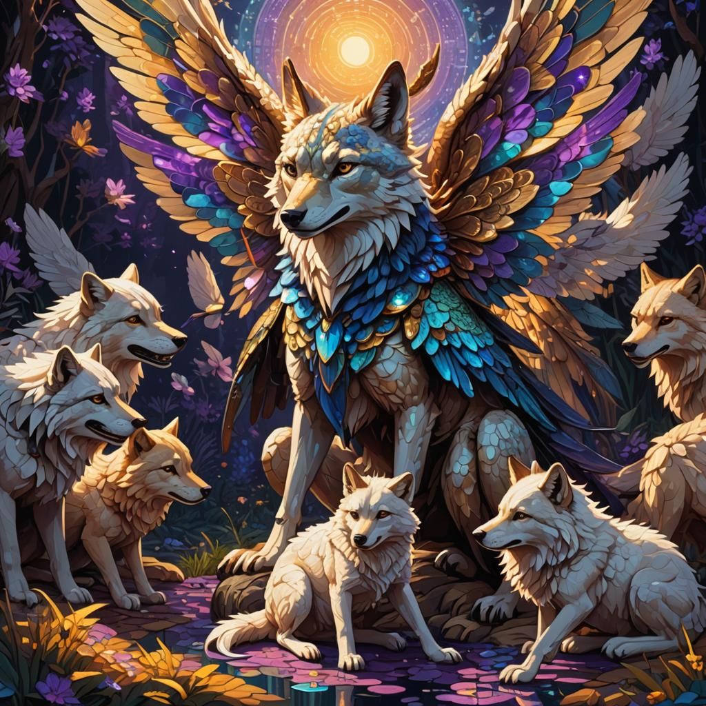 Wolves and Resplendent Pixel Art Dragonfly Duck Hybrid