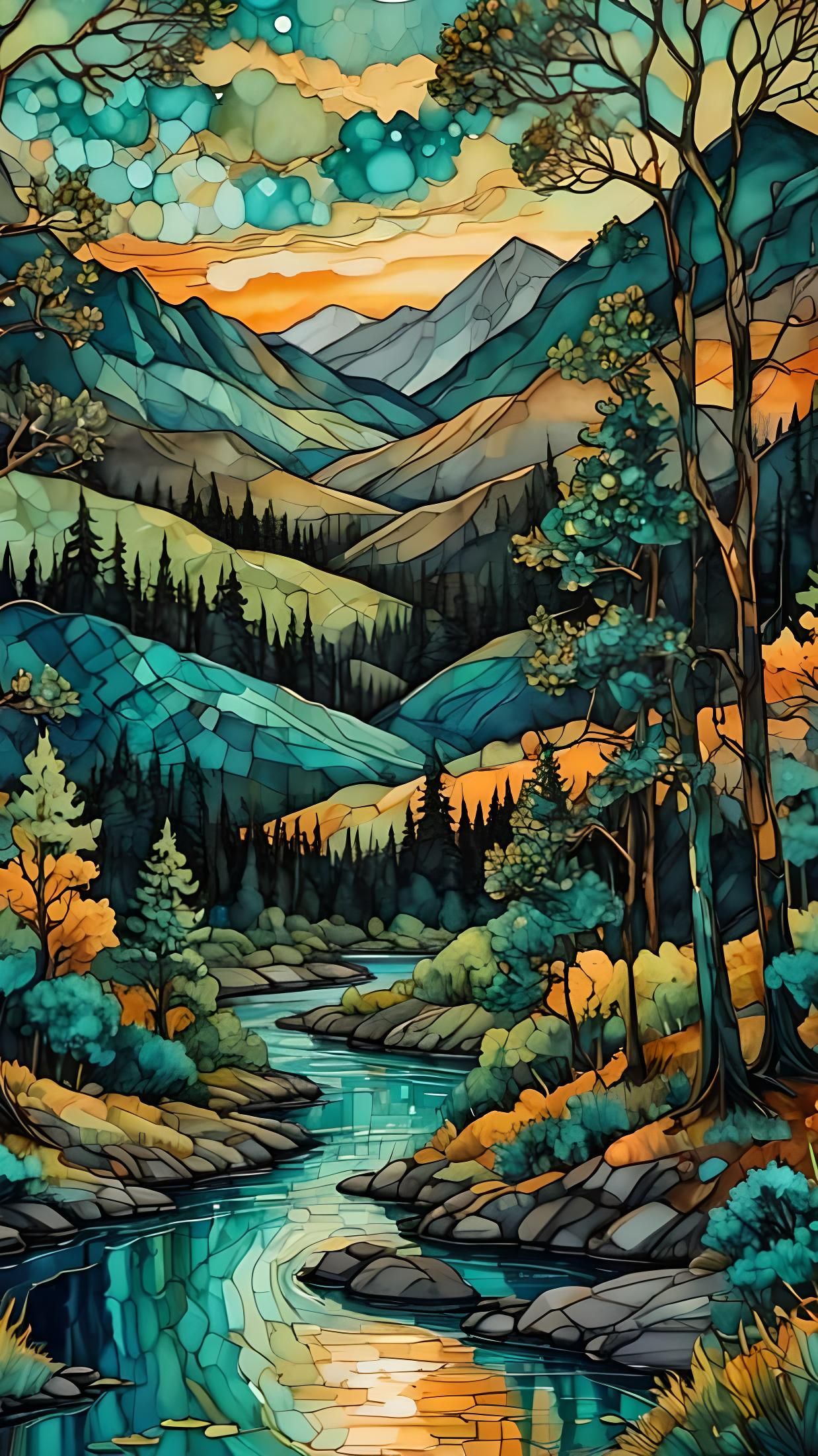 Sunrise Landscape with Arabesque Trees, Impasto Alcohol Ink