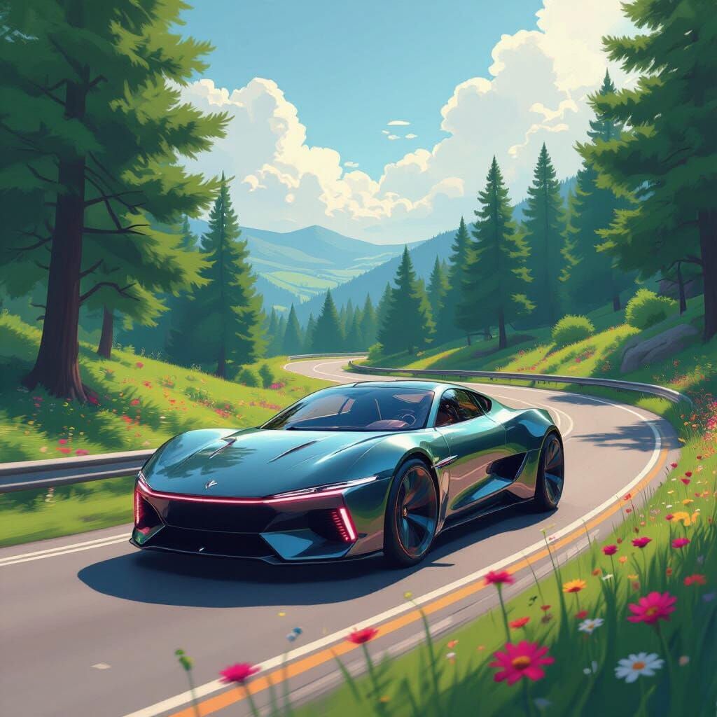 Sleek Car Speeds Through Lush Landscape