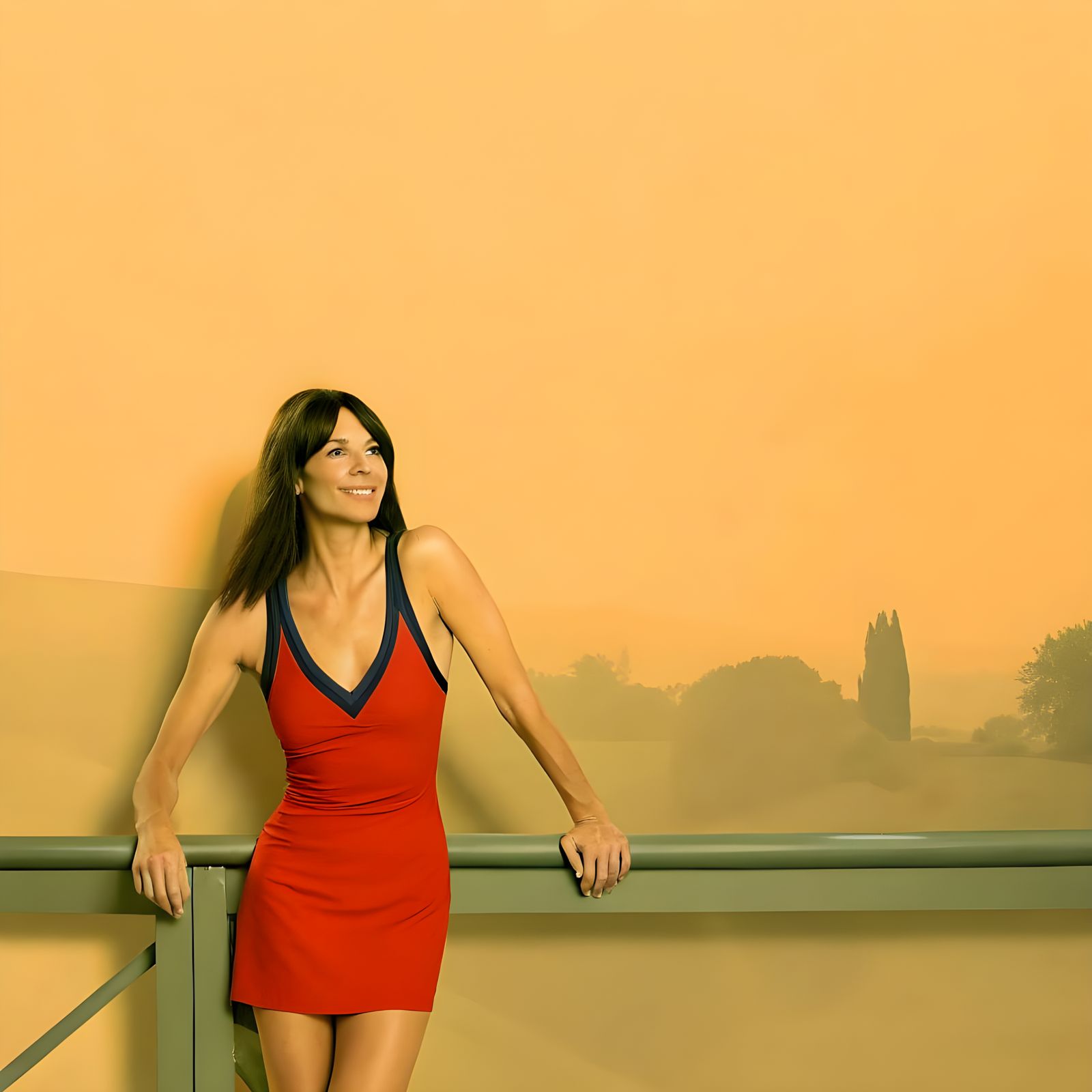 Confident Woman in Red Mini-Dress Leans on Metal Railing