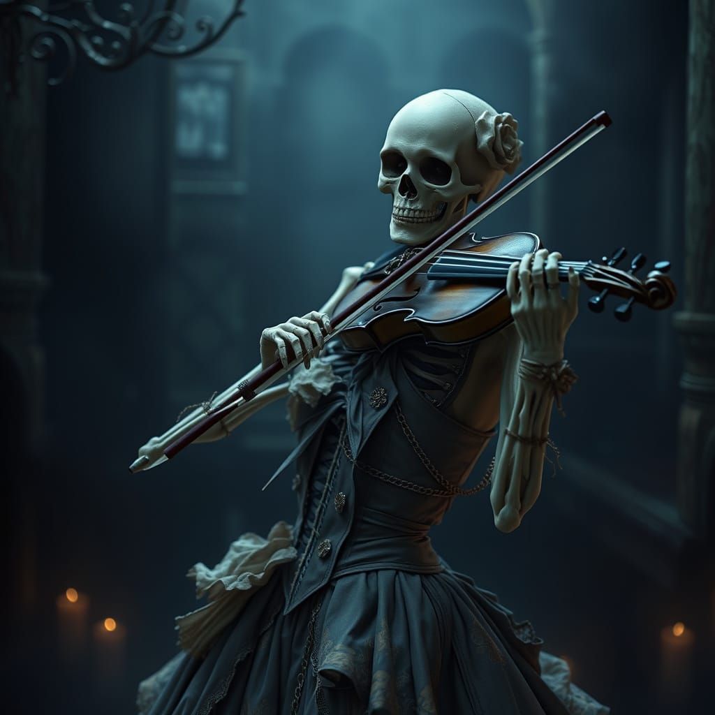 Ethereal Gothic Woman Plays Ornate Violin in Mysterious Atmo...