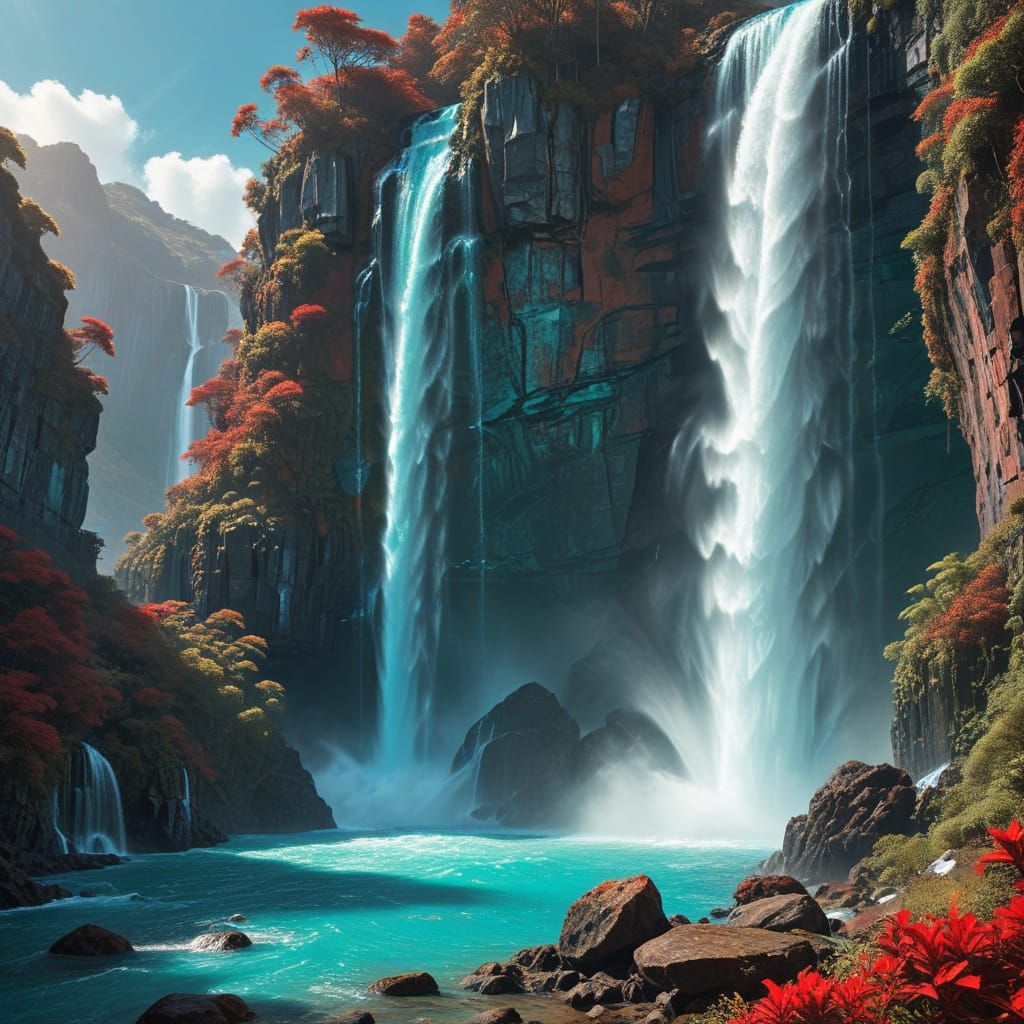 Surreal Hyperrealistic Waterfall on a Distant Alien World