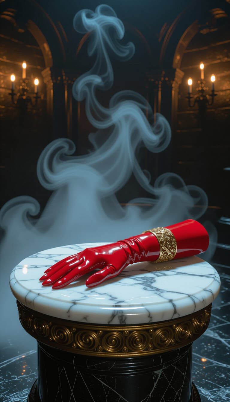 Red Latex Glove in Volcanic Dungeon, Cinematic Style