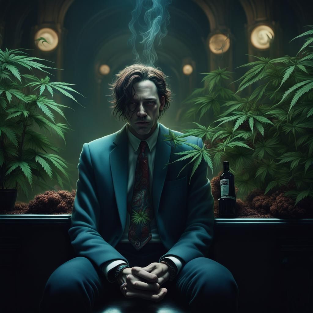 Surreal Cannabis Junkie in a Fantastical Landscape