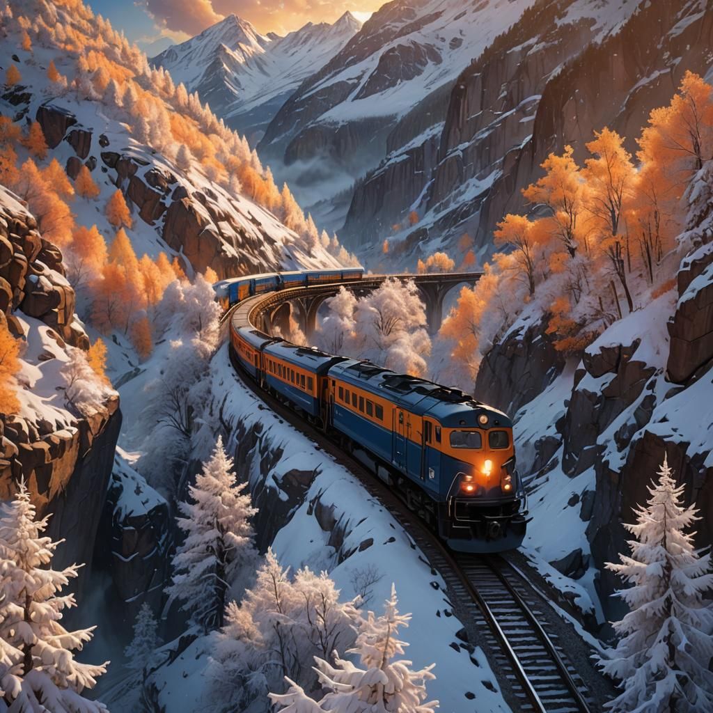 Train in Snowy Sunset Landscape, in Vibrant Oil Painting Sty...