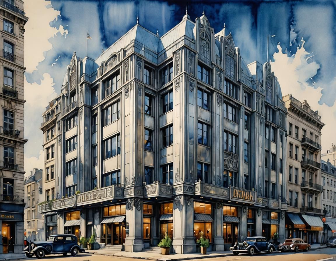 Elegant 1920s French Art Deco Building in Geometric Silver H...