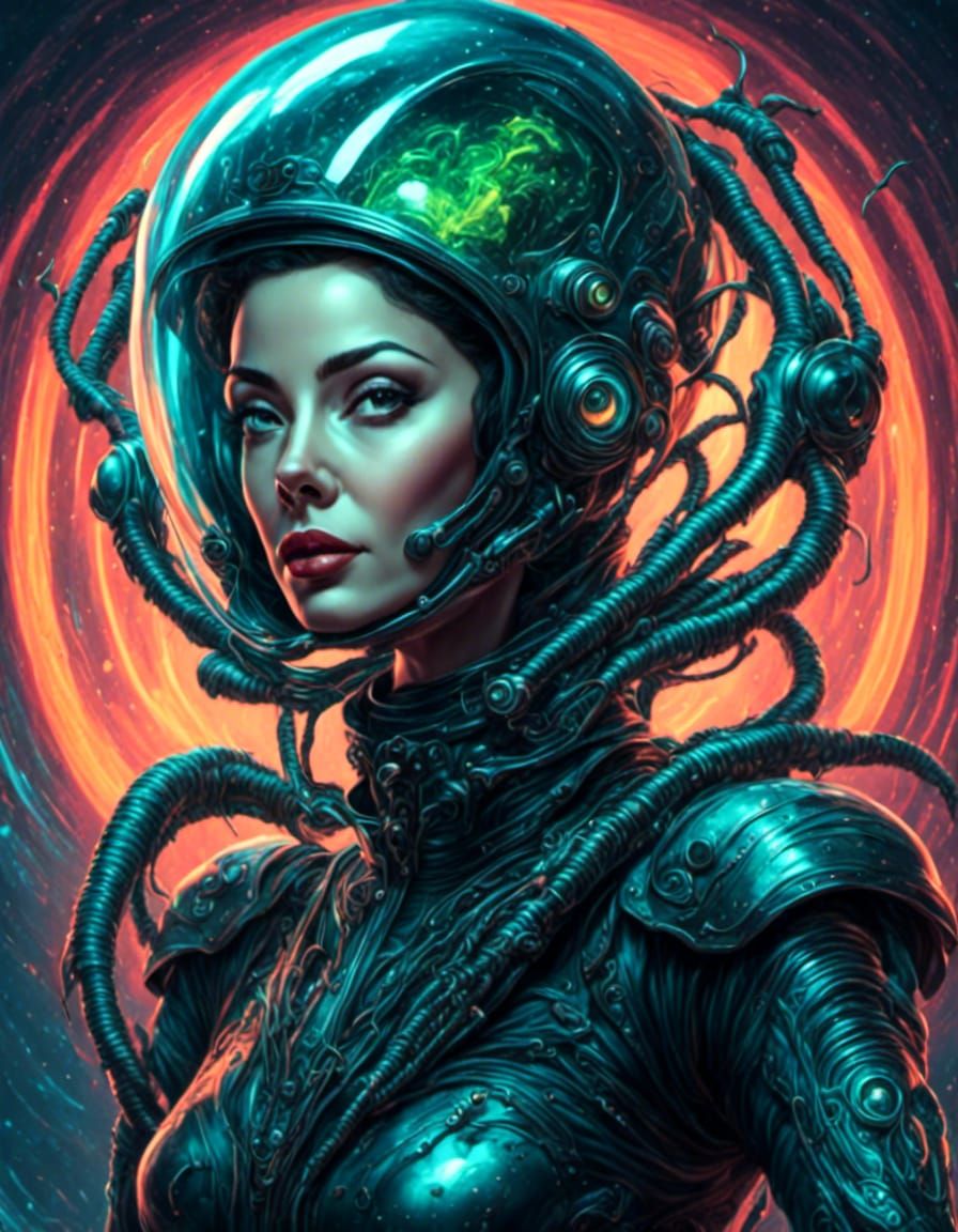 Vintage Sci-Fi Alien Pinup Girl in Retro Rockabilly Style