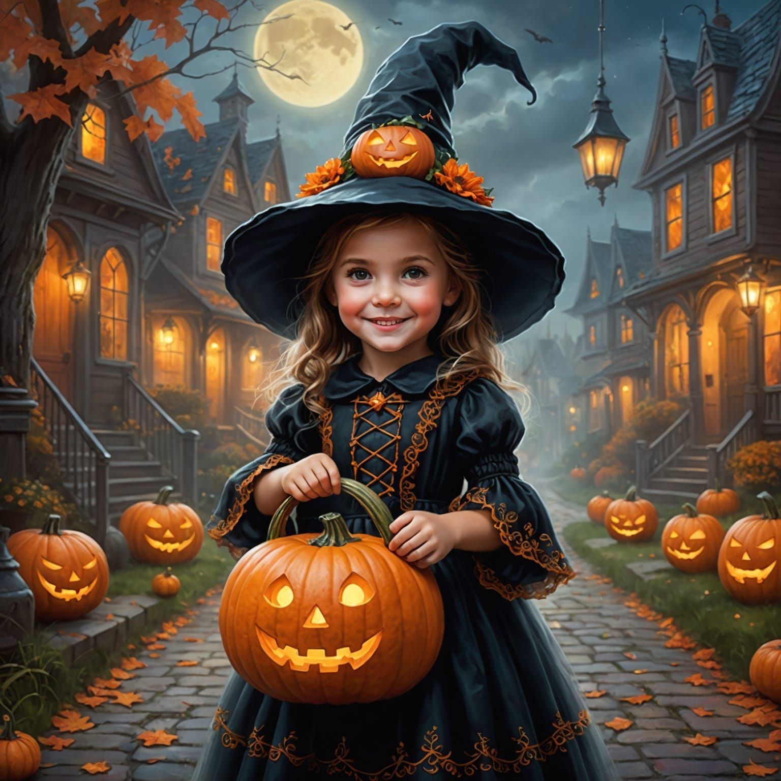 Ethereal Fantasy Girl with Pumpkin Head Embarks on Spooky Ad...