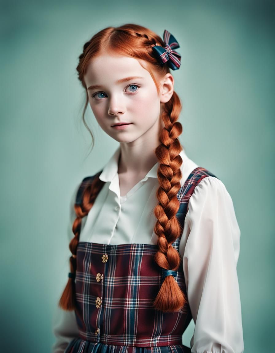 Redhead Woman in Negligee with Braided Pigtails