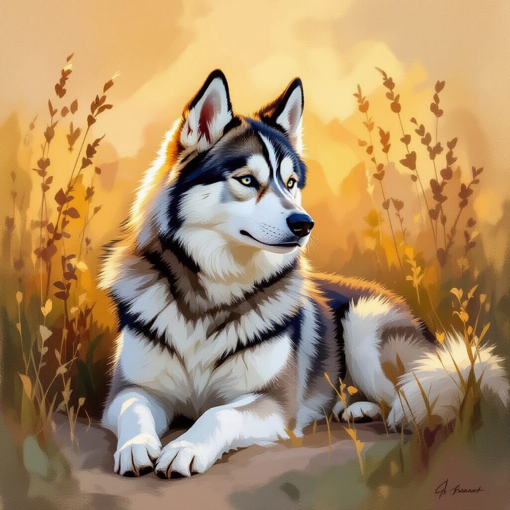 Contemplative Husky in Golden Light: Whistler-Inspired