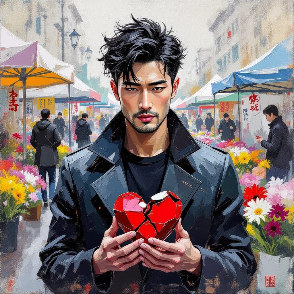 Inksplash Style Man Sells Broken Heart at Market