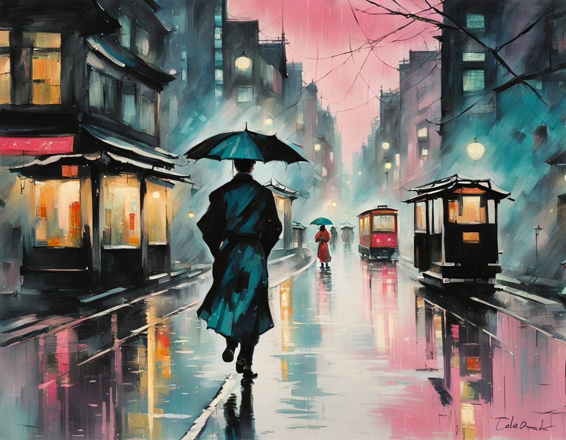 Surreal Nighttime Cityscape with Traditional Japanese Figure