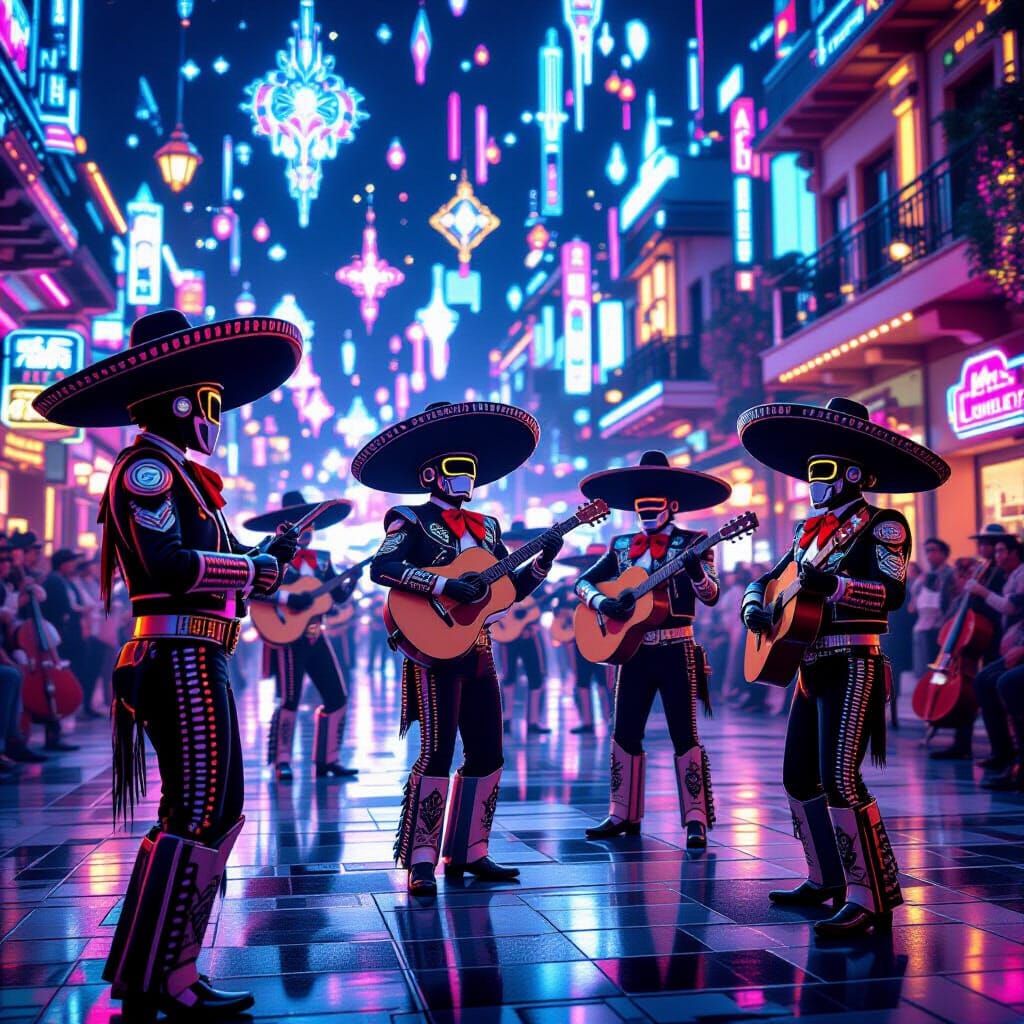 Robot Mariachi Band Concert in Futuristic Plaza