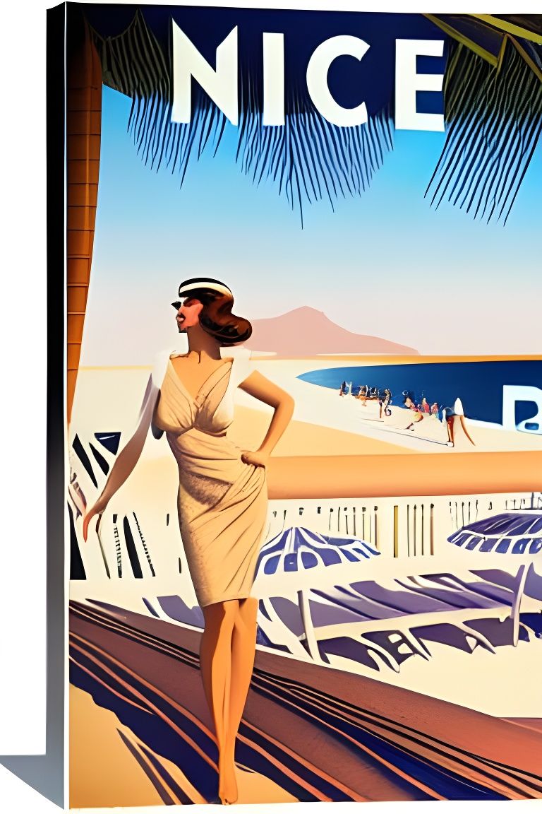 Elegant Art Deco Travel Poster Depicting a Woman on a French...