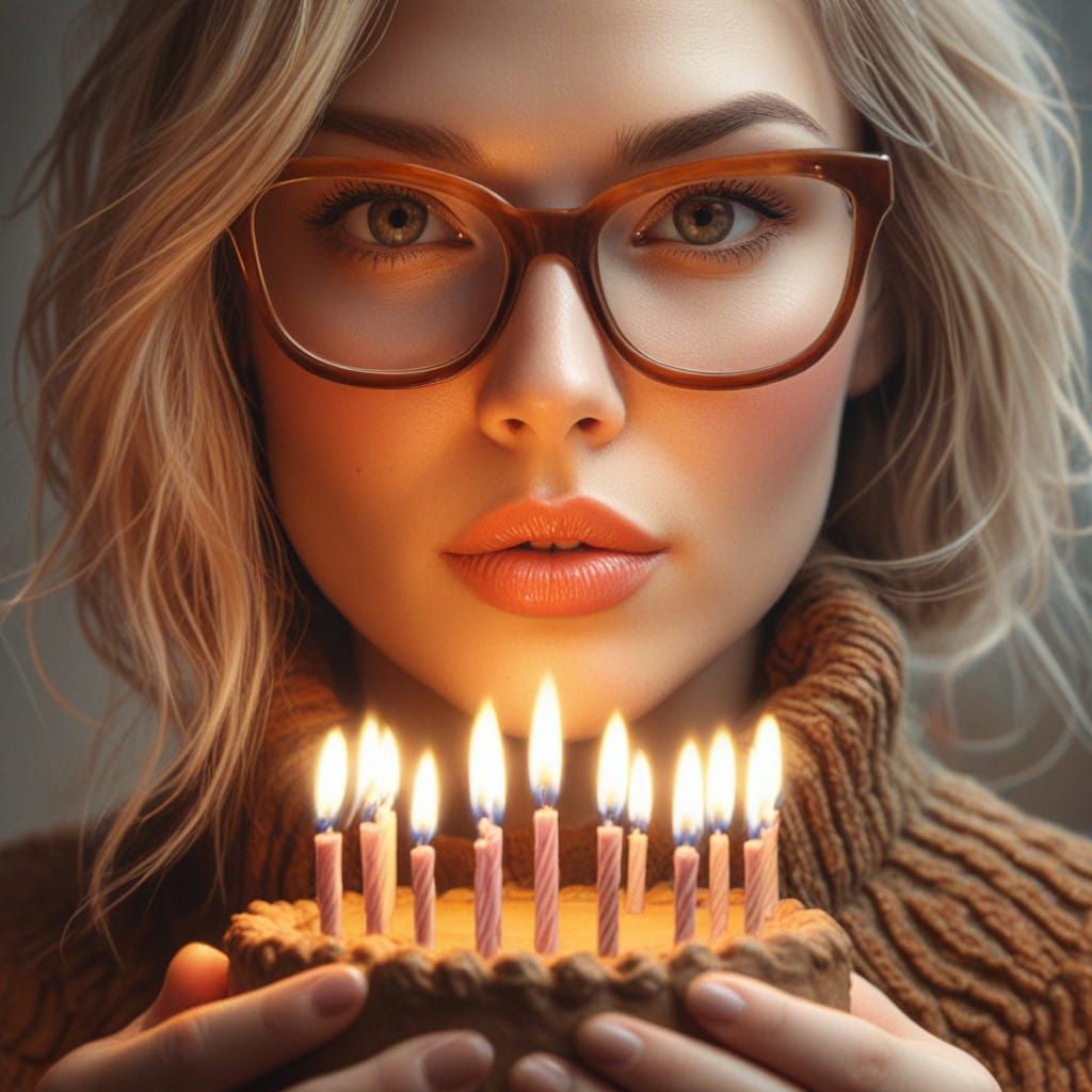 Blond Woman Smiles with Birthday Cake in Whimsical Setting