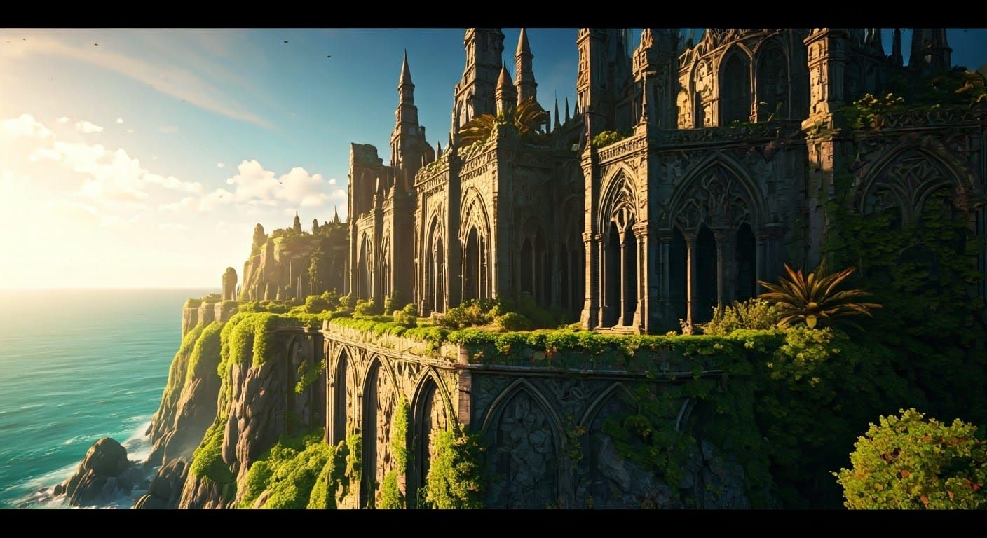 Ancient Fantasy Fortress Amidst Verdant Cliffside