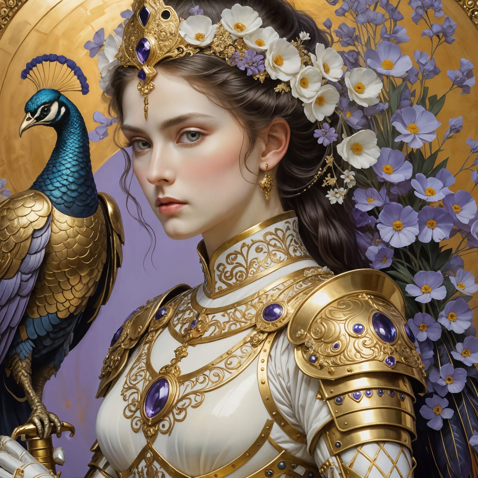 Female Knight in Gold Armor with Peacocks, Klimt Style