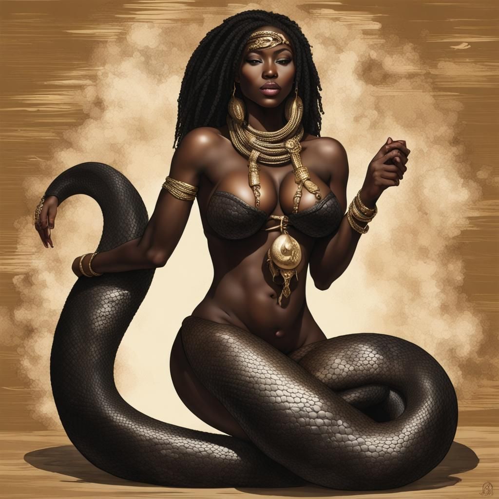 Exotic Beauty in Danger: Black Goddess Surrounded by Anacond...