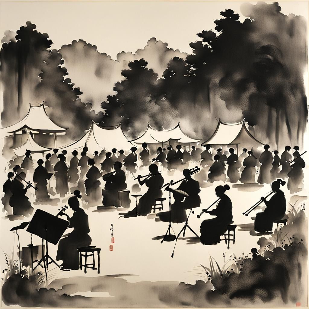 Musician Performs at Outdoor Festival in Sumi-e Style