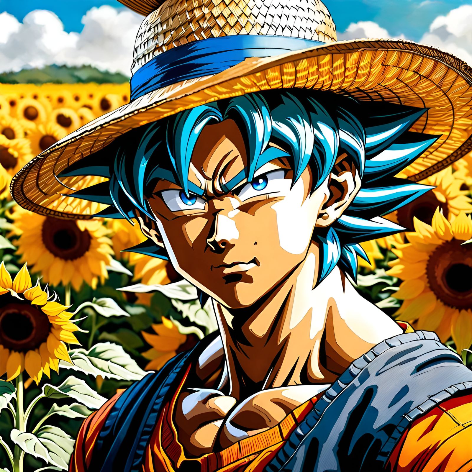 Surreal Goku in a Whimsical Sunflower Landscape