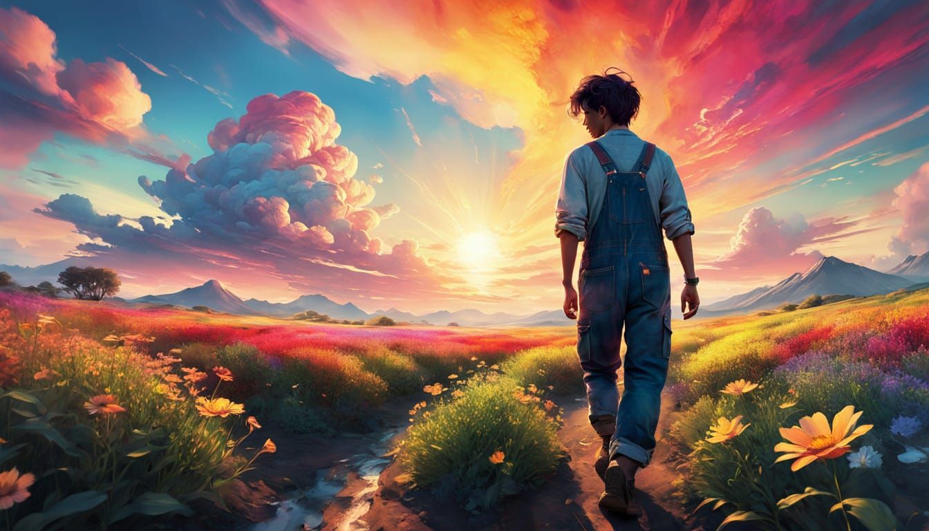 Boy Walking in a Vibrant Wildflower Field