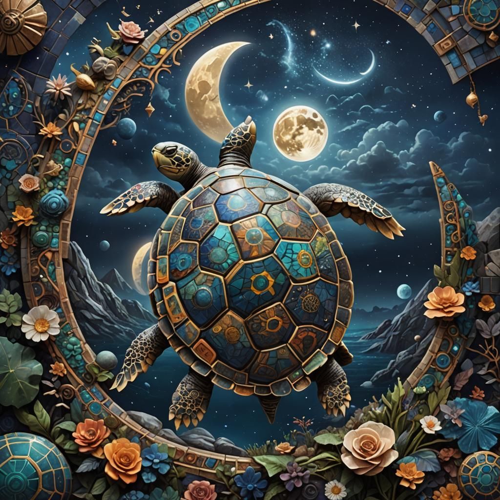 Fantastical Mosaic Turtle Embarks on Lunar Quest Under Starr...