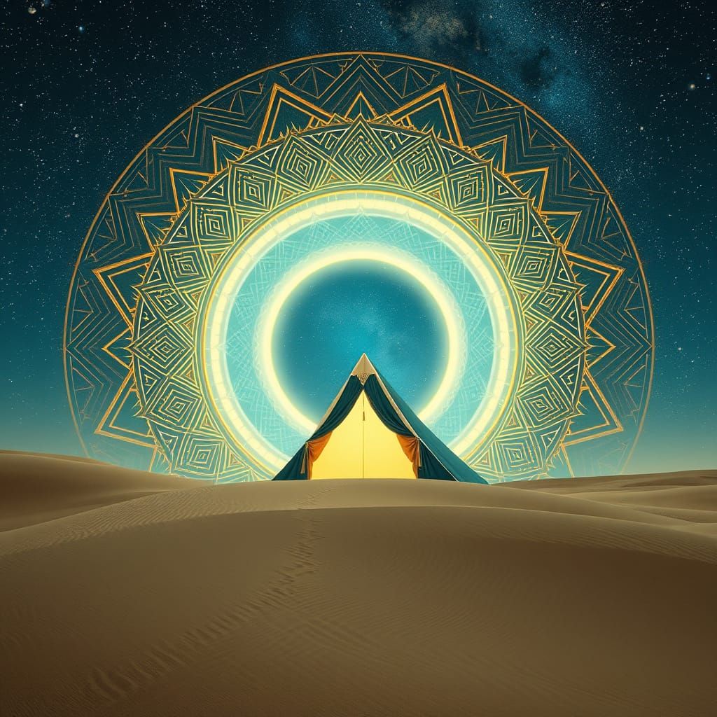 Glowing Portal Within Hypnotic Iris with Cosmic Dunes