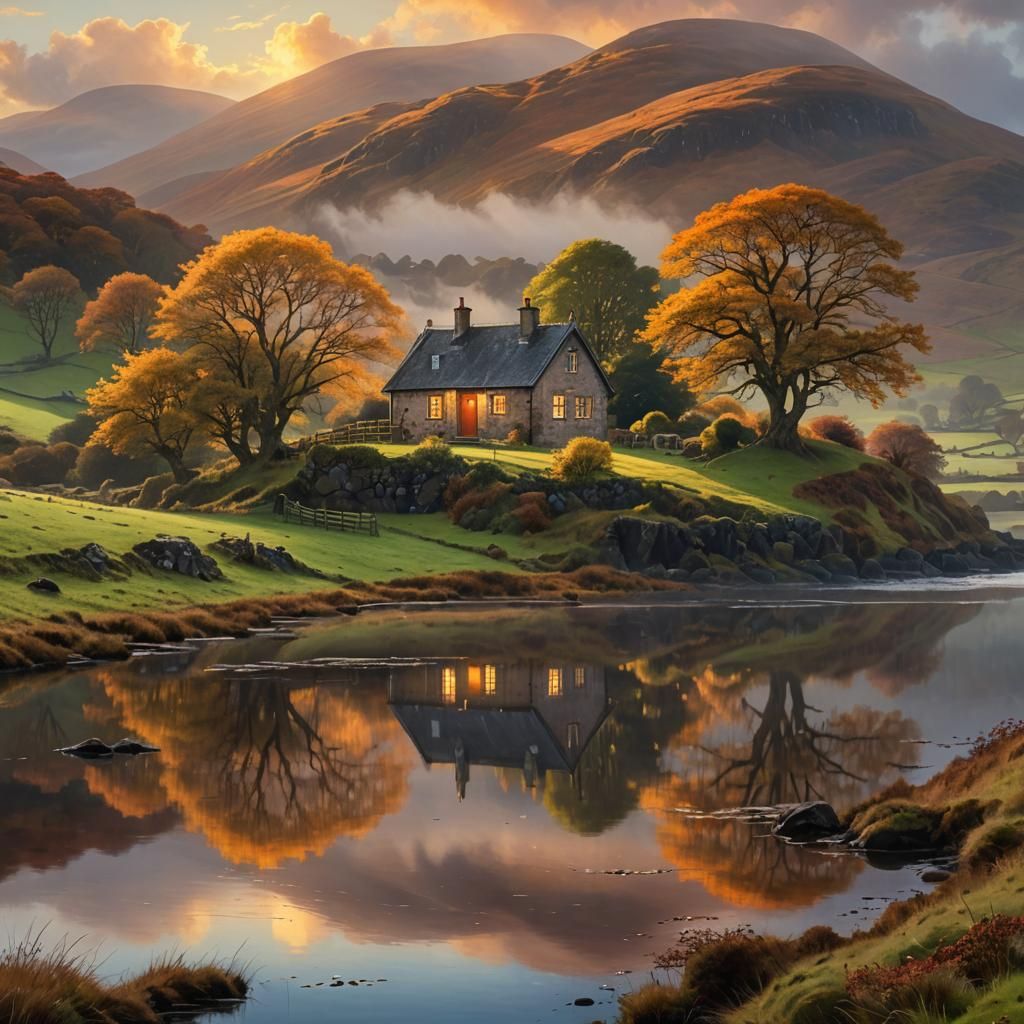 Whimsical Scottish Twilight: A Cozy Cottage Amidst Golden Au...
